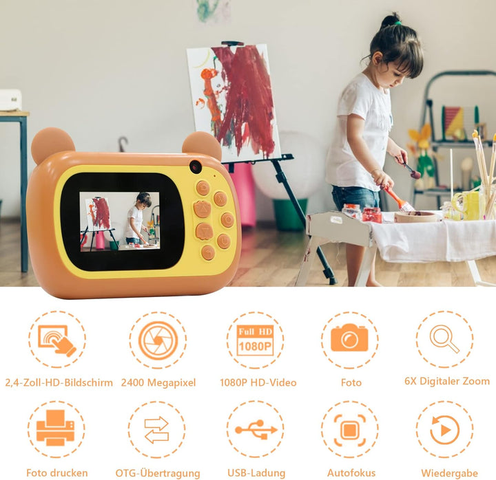 Sofortbildkamera für Kinder, 6,1 cm LCD-Bildschirm Druckkamera, Digitalkamera Mit 6-fachem Zoom, 24