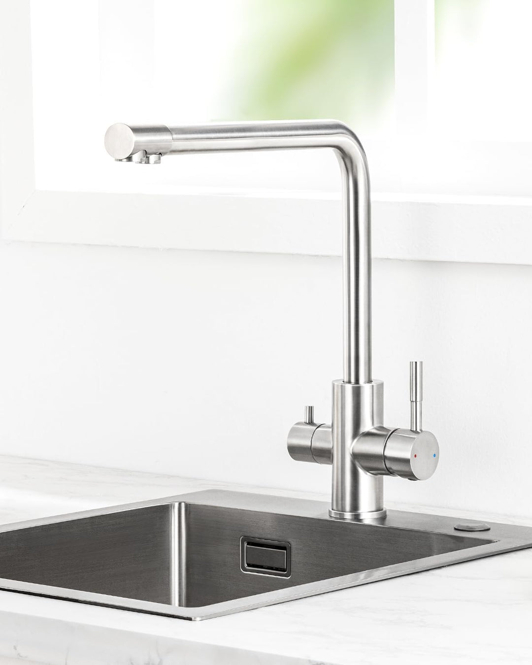 3 Wege Wasserhahn Küche, Küchenarmatur Mit 2 Hebel, Mischbatterie Küche Mit Heissem Und Kaltem Wasse