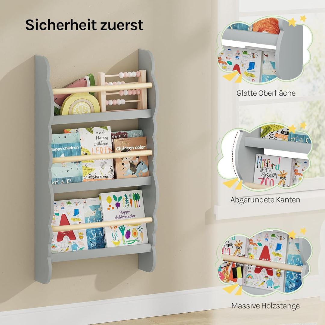 WOLTU Kinder Bücherregal Wand, Bücher-Organizer mit 3 Ablagen, Kinderregal für Buchaufbewahrung, Wan