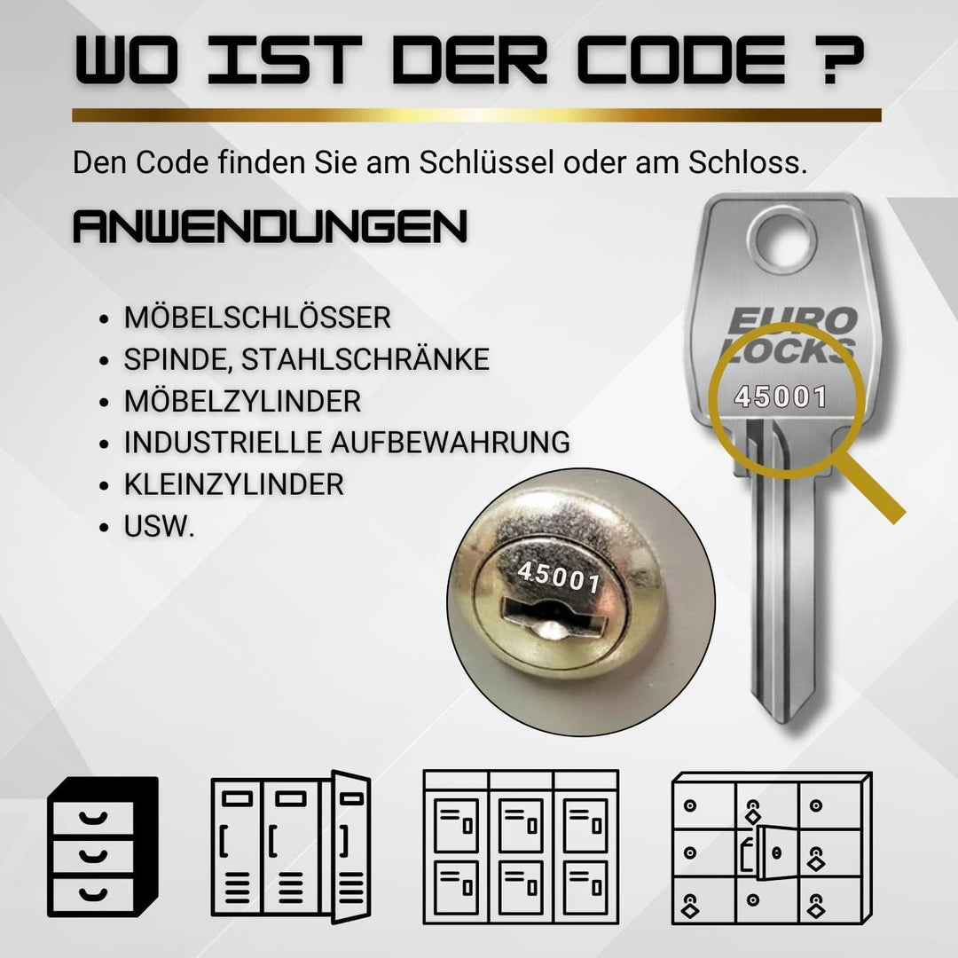 Ersatzschlüssel für Euro-Locks (Code 45001 bis 46000) - Nachschlüssel für Möbel-, Spindschlösser und