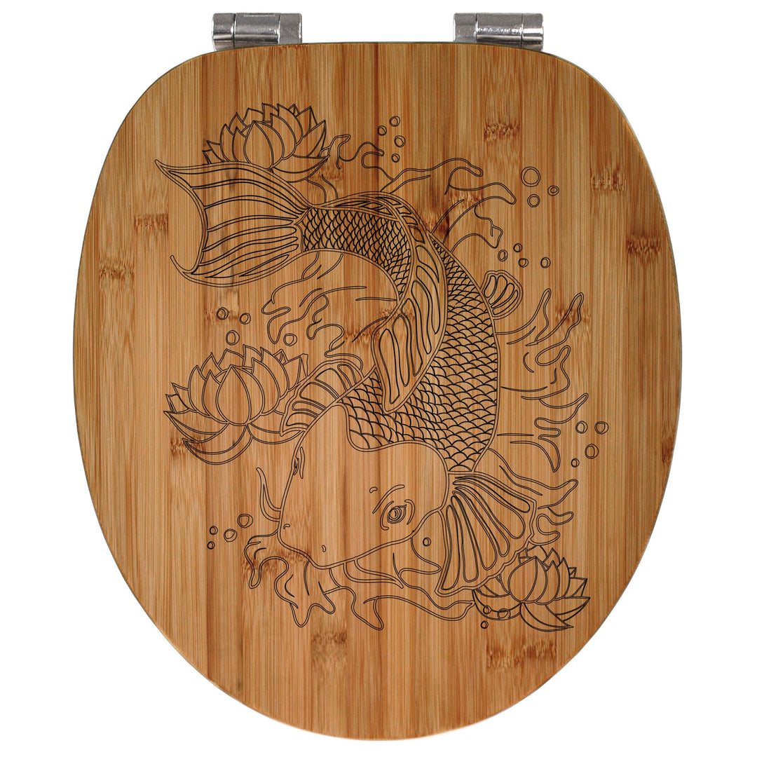 banjado® Hochwertig gravierter Design WC Sitz Bambus Absenkautomatik Koi/Toilettendeckel mit Absenka