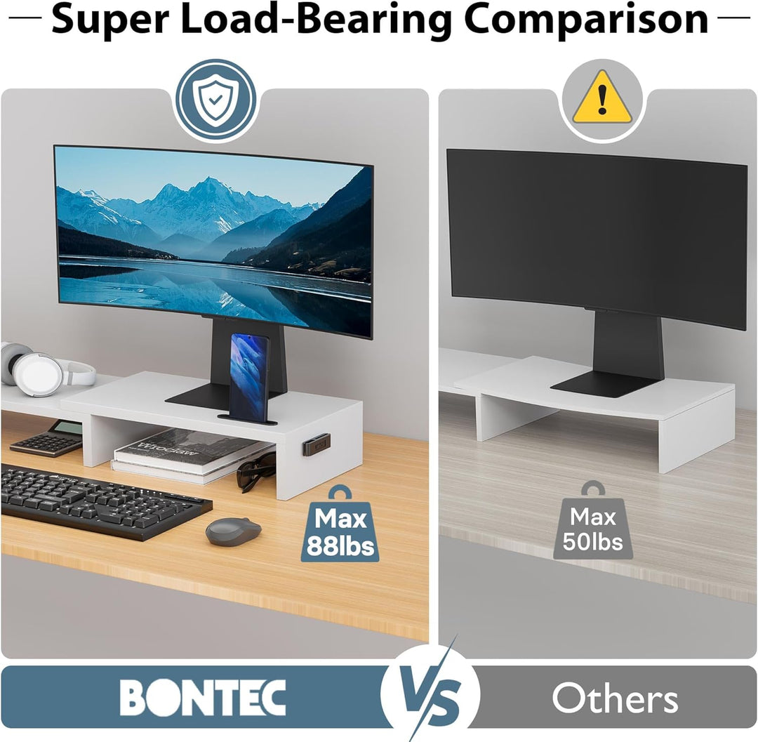 BONTEC Monitorständer Holz, Dual Monitor Stand Riser mit Handyhalter, Verstellbare Länge und Schwenk