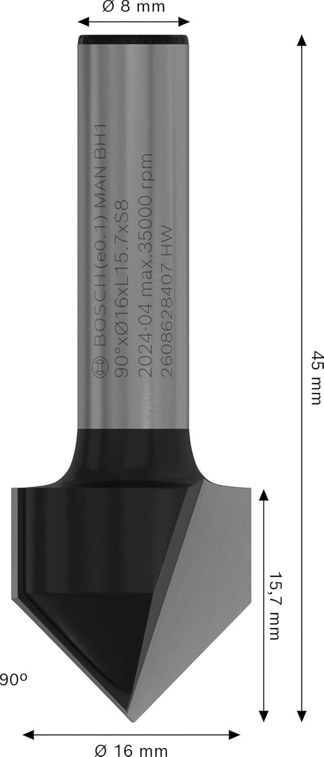 Bosch Accessories Bosch Professional Zubehör 2608 628 407 V-Nutfräser 8 mm, D1 16 mm, L 16 mm, G 45