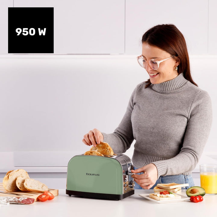 Taurus – Toaster Vintage II Olive, 950W, 2 kurze Schlitze, 7 Stufen, 3 Funktionen, Edelstahl, Zentri