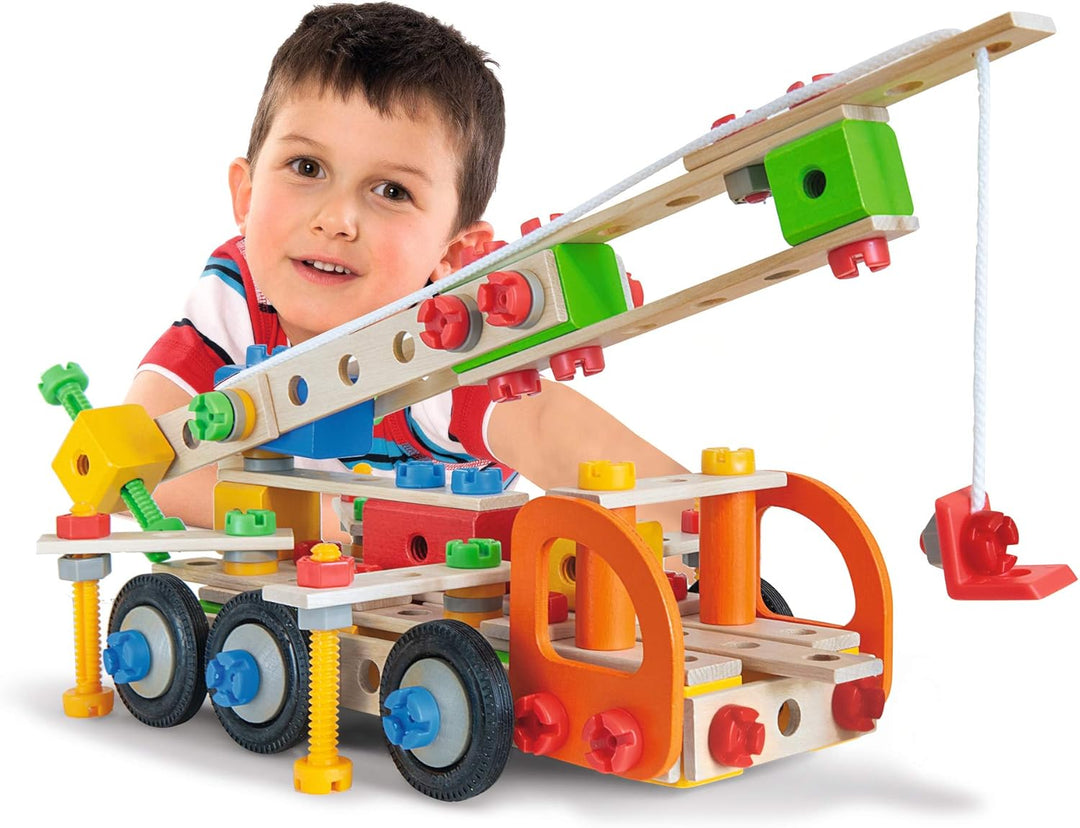 Eichhorn 100039094 Constructor Kranwagen vielseitiges Holzspielzeug, 170 Bauteile, 4 Verschiedene Ko
