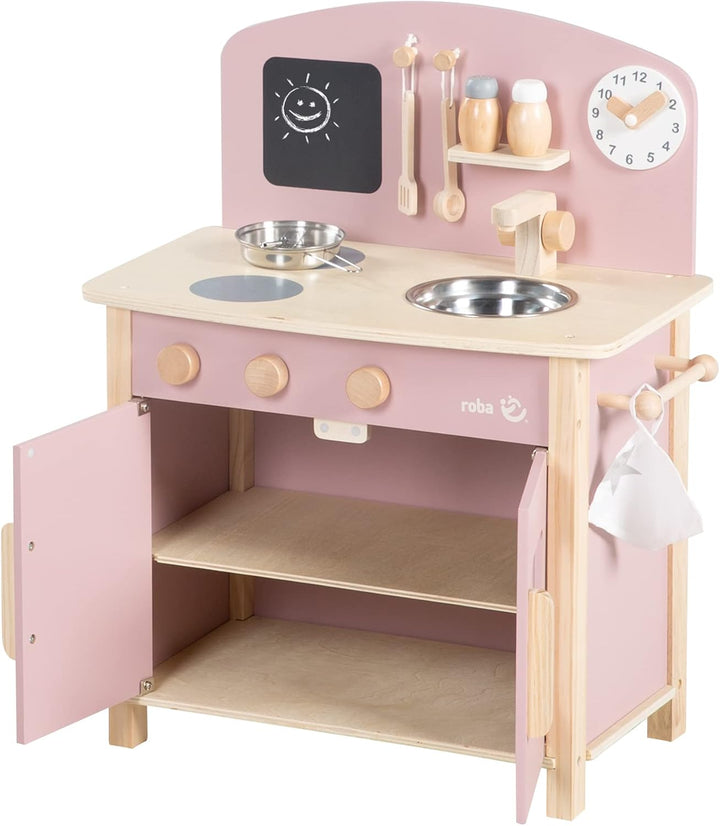roba Spielküche, weiss, natur, mauve/rosa Spielzeug-Küchenzeile mit 2 Kochstellen, Spüle, Wasserhahn