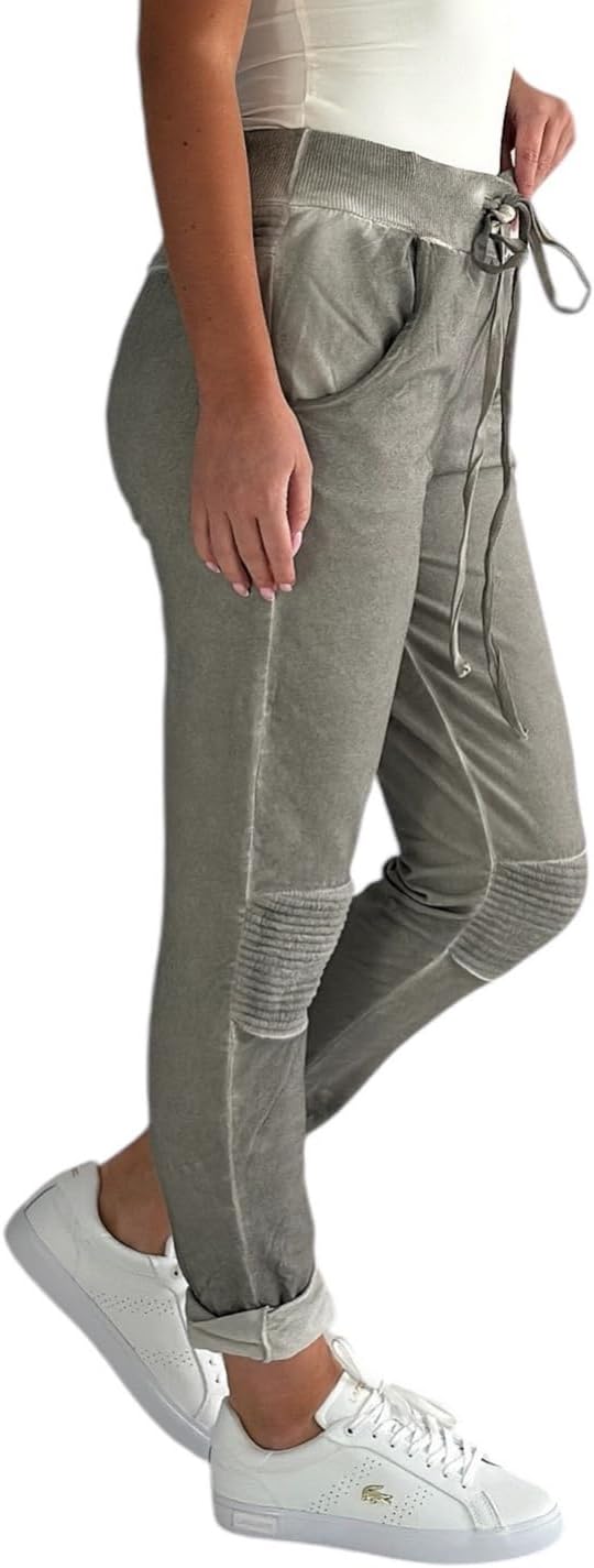 Mississhop Damen Hose Freizeithose Stoffhose Boyfriend Sweatpants im Biker Look mit Bahnendesign am
