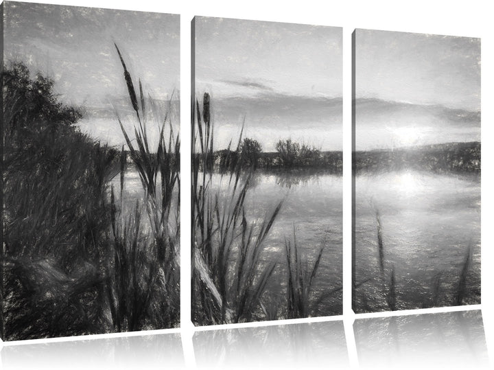 Pixxprint Sonniger Morgen am See Kohle Zeichnung Effekt 3-Teiler Leinwandbild 120x80 Bild auf Leinwa