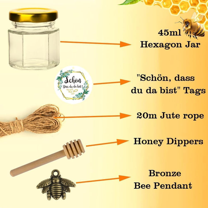 30er Mini Honiggläser 45ml Set, Gastgeschenke Hochzeit, Honiggeschenke für Muttertag, Konfirmation,
