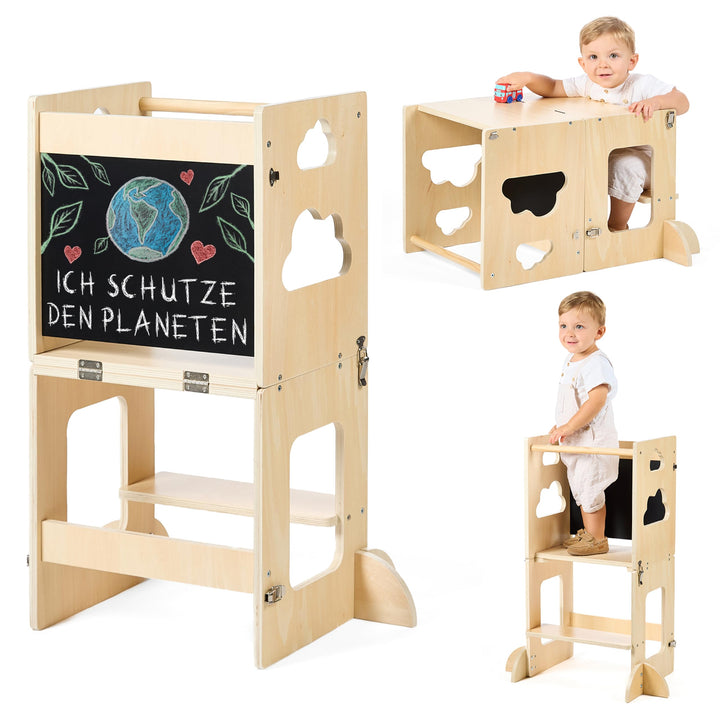 Lernturm ab 1 Jahr klappbar – Lernturm klappbar 3 in 1 Premium: wandelbar zum Schreibtisch mit Tafel