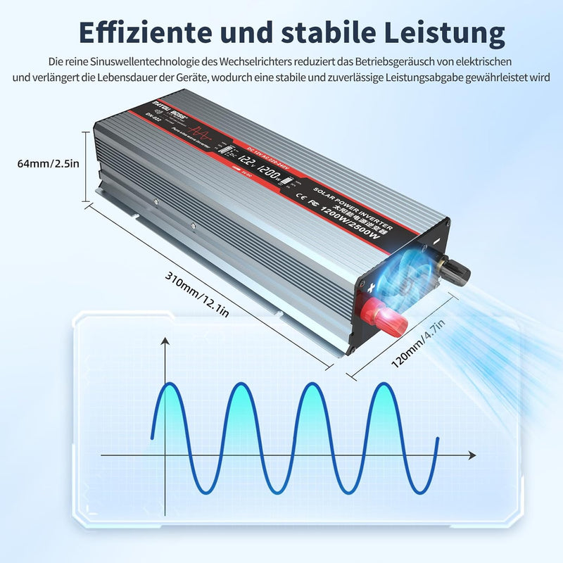 DATOUBOSS 1200W Wechselrichter 12V Auf 230V Reiner Sinus Spannungswandler Spitzenleistung 2500W Mit