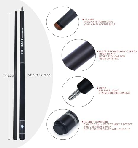 OKHEALING Queue aus elektrischer Kohlefaser, schwarzer Rindenkopf, Holzspitze T 700, 58 Zoll, 18-20