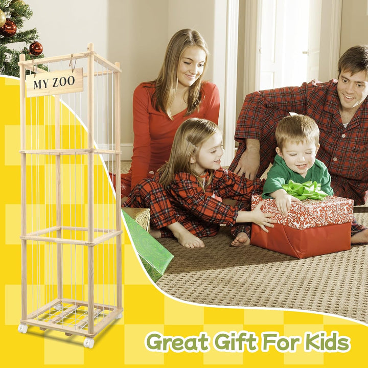 Holz Kuscheltier Aufbewahrung mit °Räder, 135 * 40 * 40cm Stofftier Aufbewahrung für Kuscheltiere, A