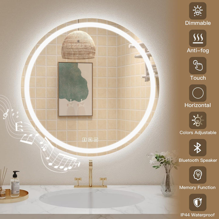 Badspiegel Mit Beleuchtung Rund 70cm, Badezimmerspiegel Mit Beleuchtung Bluetooth Spiegel, Antibesch