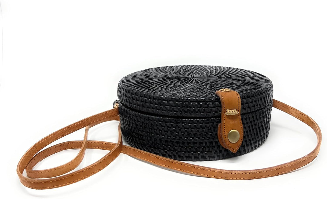 Trintura Rattan Tasche rund schwarz mit langem Leder Riemen geflochten Damen Korbtasche Umhängetasch