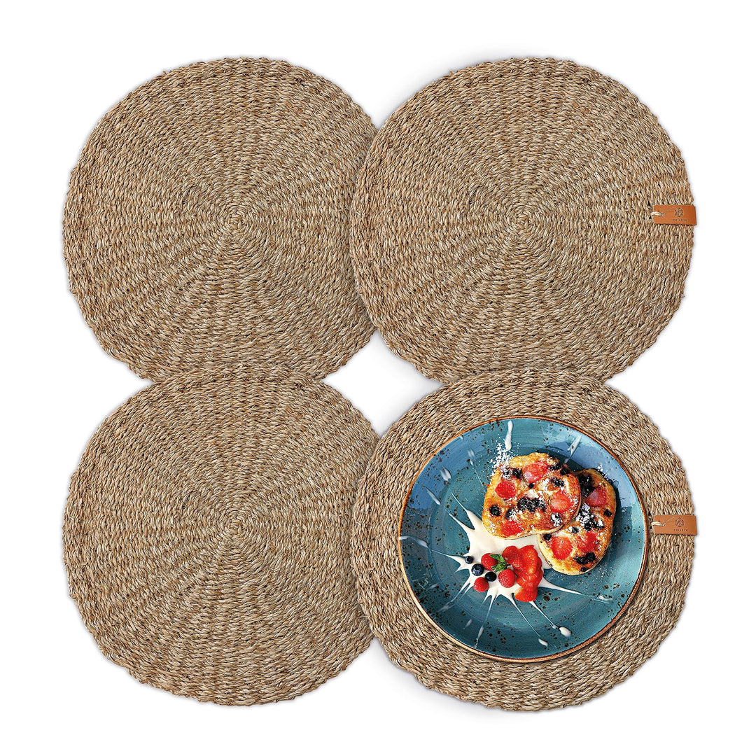 FRIHET® Platzsets rund aus Seegras für Tischdeko | Platzdeckchen für den Esstisch | 4er Tischset Nat