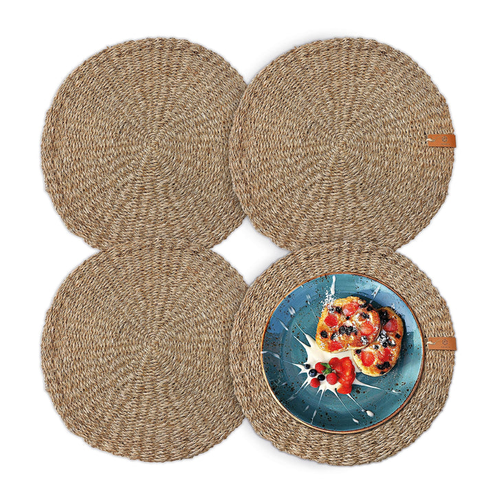 FRIHET® Platzsets rund aus Seegras für Tischdeko | Platzdeckchen für den Esstisch | 4er Tischset Nat