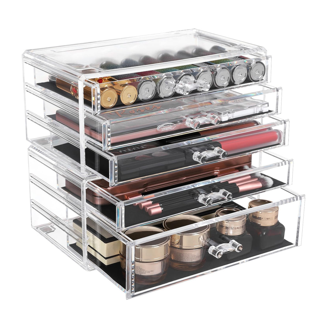SONGMICS Make-up Organizer, 2 stapelbare Aufbewahrungsboxen für Schmuck und Kosmetik, mit 5 Schublad