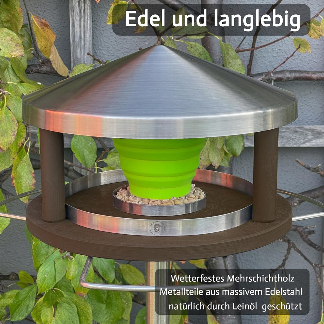 LicusDesign Vogelhaus mit Ständer wetterfest aus Edelstahl - Stabiles Vogelfutterhaus für draussen,