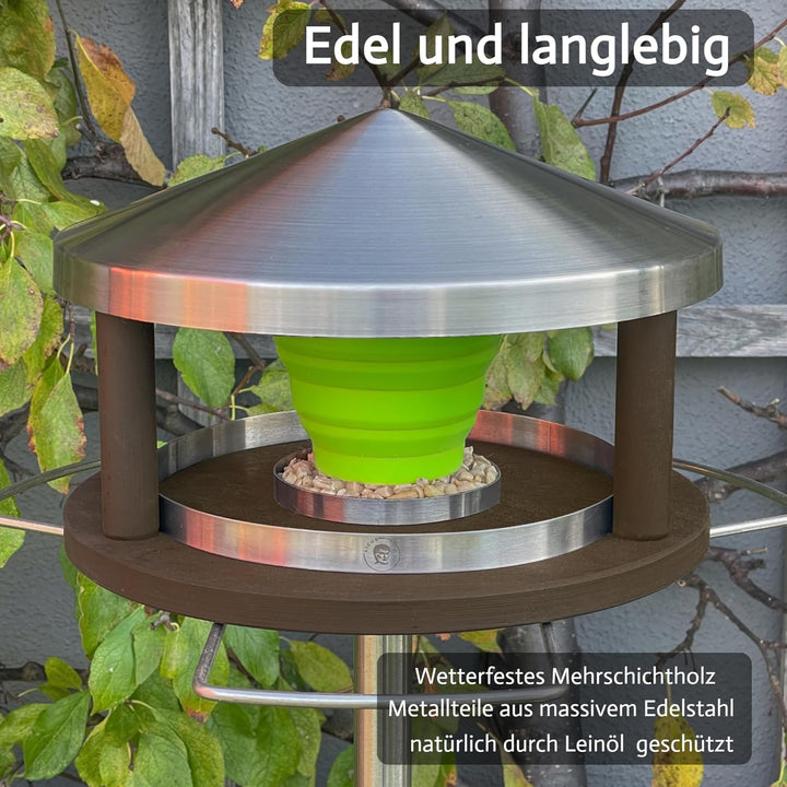 LicusDesign Vogelhaus mit Ständer wetterfest aus Edelstahl - Stabiles Vogelfutterhaus für draussen,