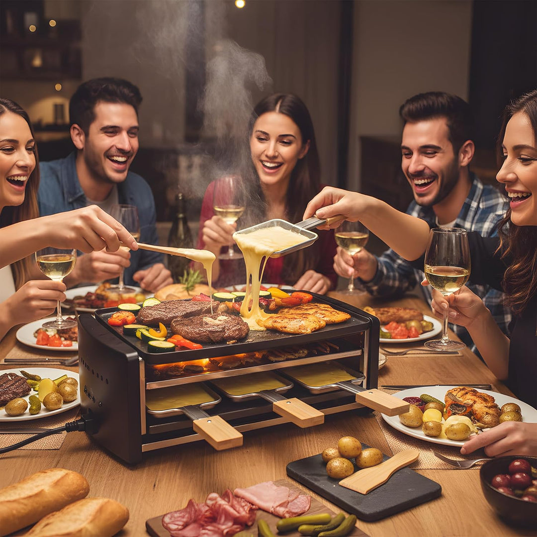 8er Set Edelstahl Raclette Pfännchen Quadratisch mit Extra Langem Griff und Bambusgriff, 8 Bambus Sp