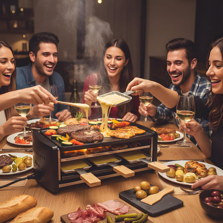 8er Set Edelstahl Raclette Pfännchen Quadratisch mit Extra Langem Griff und Bambusgriff, 8 Bambus Sp
