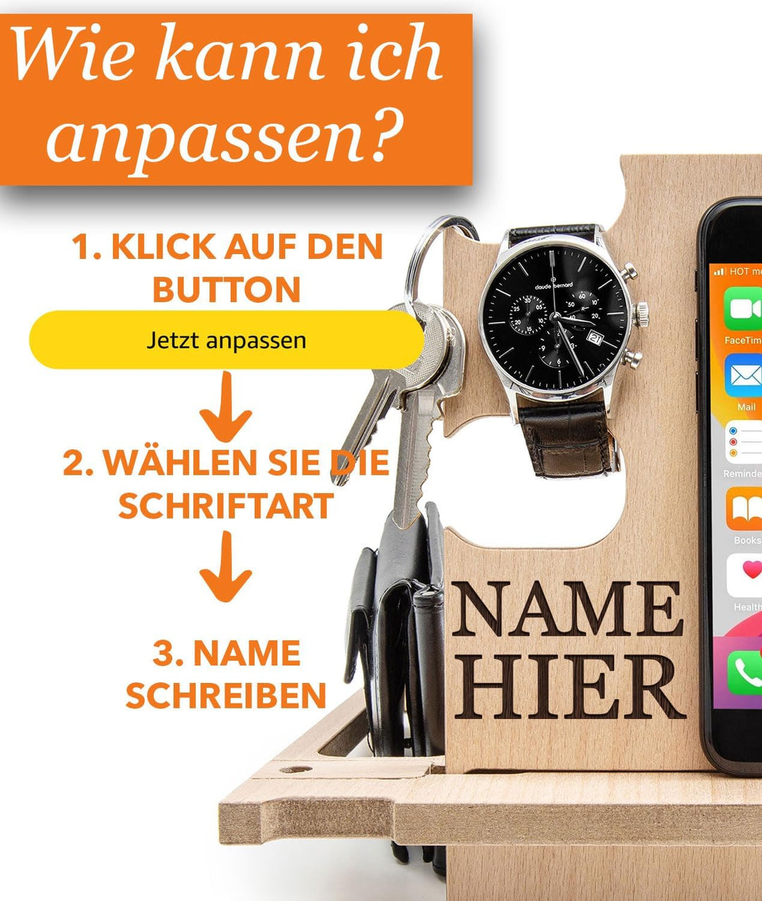 Dockingstation aus Holz, Schreibtischorganisator, Aufbewahrungshalter - Geschenkidee für Männer, Wei