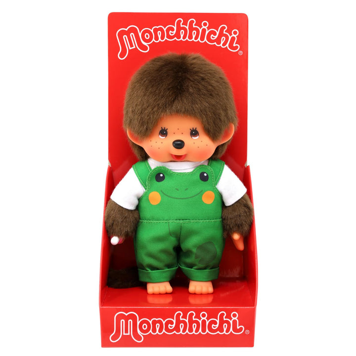 Sekiguchi 203871 - Original Monchhichi Junge mit Latzhose und Frosch-Motiv, ca. 20 cm grosses Kusche