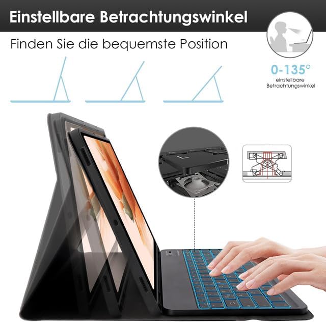 SOPPY Hülle mit Tastatur für 12,4'' Samsung Galaxy Tab S9 FE+/S9 Plus/S8+/S7+/S7 FE, Kabellose 7-Far
