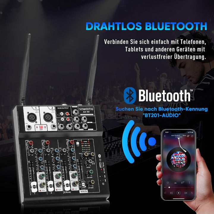 Karaoke Mischpult mit 2 kabellosen Mikrofonen, 4-Kanal Audio Mixer DJ Konsole Musik Soundboard Draht