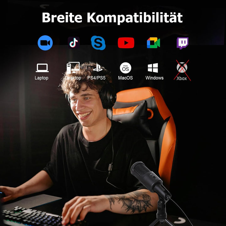 USB Mikrofon für PC PS4 PS5 Laptop, Kondensator Mikrofon mit faltbarem Stativ Stummschalter für Stre