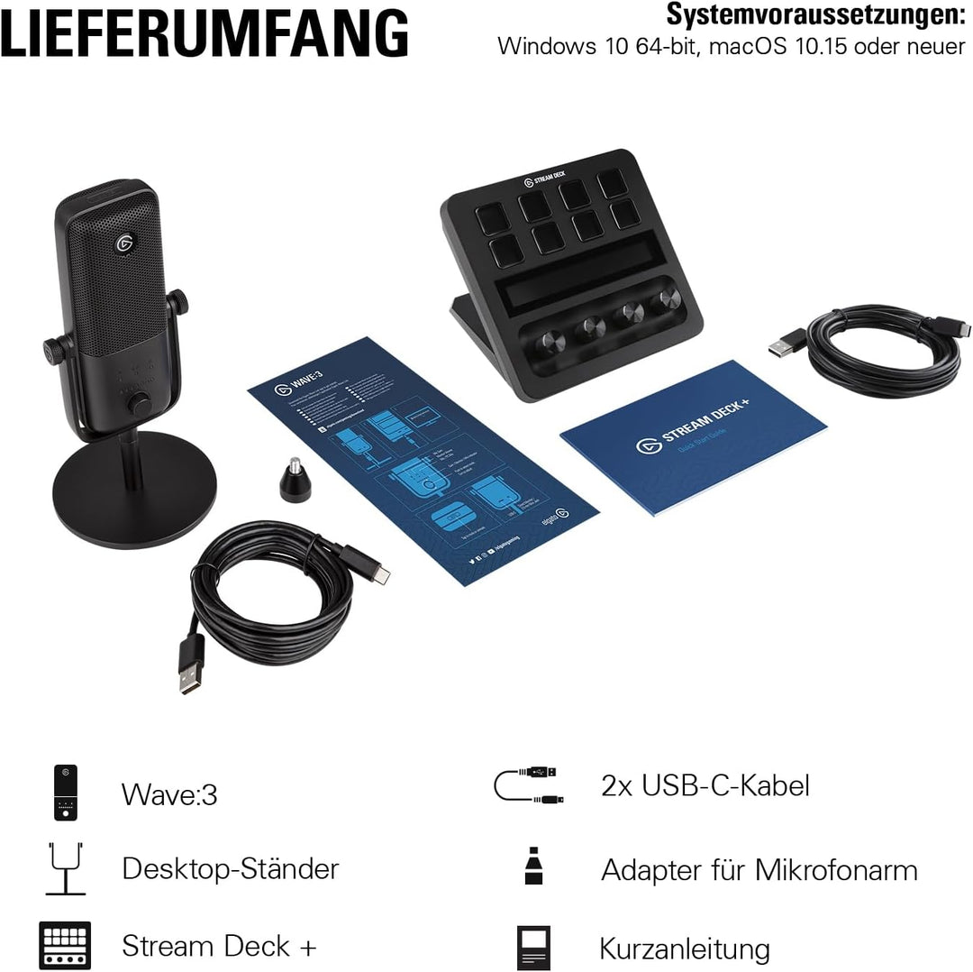 Elgato Stream Deck +, Audiomixer & Wave:3 - Professionelles USB-Kondensatormikrofon für Streaming, P