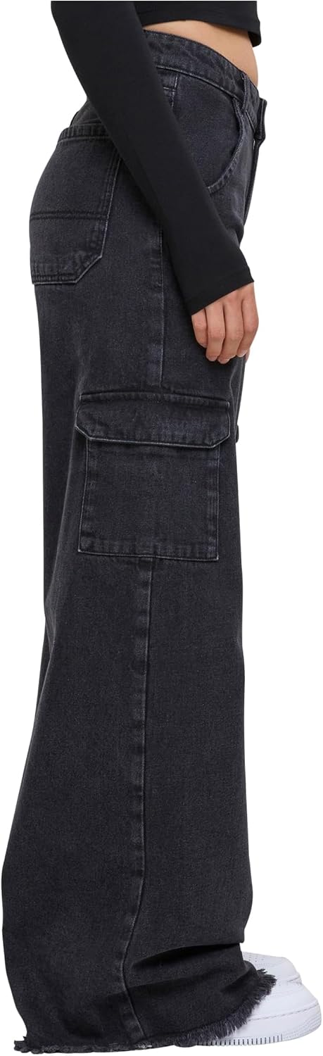 Urban Classics Damen Ladies Mid Waist Cargo Denim Pants 32 Black Charcoal Washed, 32 Black Charcoal
