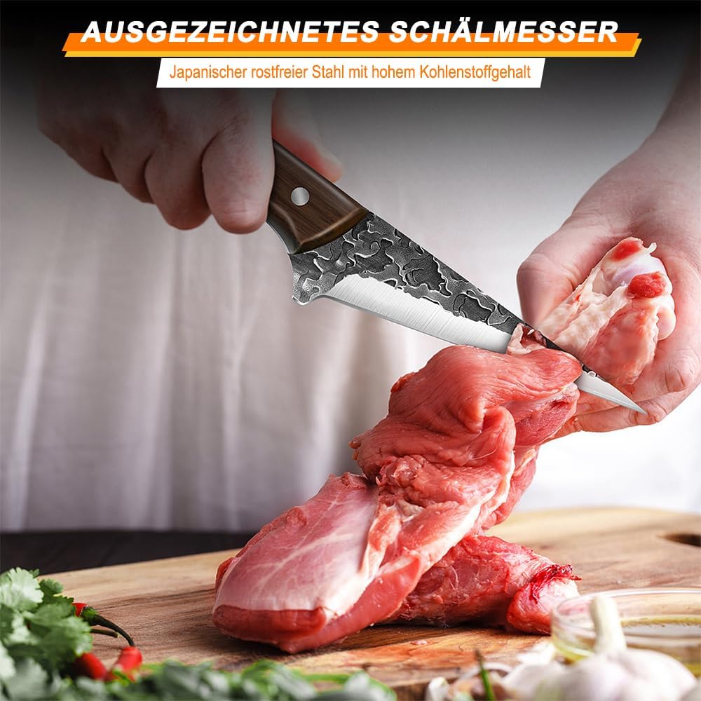 MDHAND Metzgermesser Set 3-teilig Handgeschmiedetes Serbisches Kochmesser Set mit Ausbeinmesser & Ha