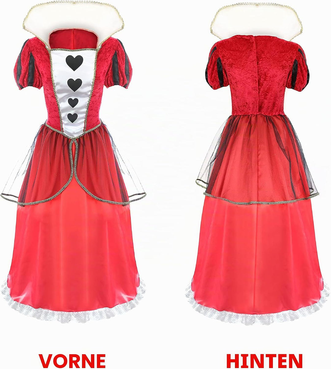 Damen Kostüm Königin der Herzen – X-Large – langes rotes & schwarzes Kleid mit Herzen Dekoration – D