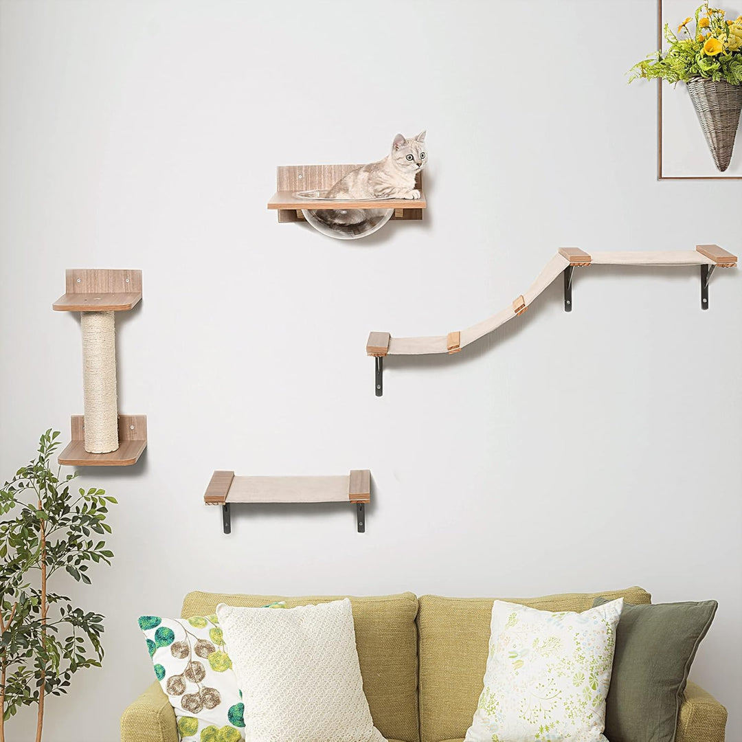 PawHut Kletterwand Katzen, 4-teilig Katzenkletterwand Set Katzen Wandelemente mit Kratzbaum Hängemat