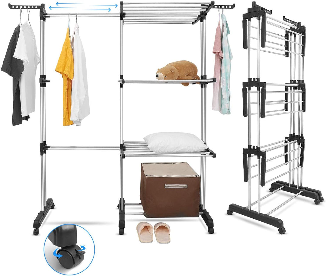 johgee 2 in 1 Wäscheständer Turm, ausziehbar Länge 66-130 cm, mit 6 faltbaren Flügeln auf 3 Ebenen,