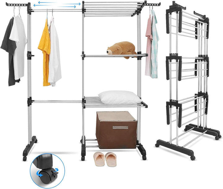 johgee 2 in 1 Wäscheständer Turm, ausziehbar Länge 66-130 cm, mit 6 faltbaren Flügeln auf 3 Ebenen,