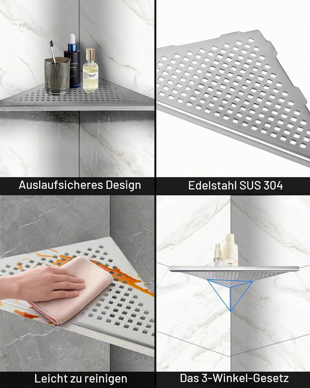 Eckablage Duschablage 304 Edelstahl ohne Bohren für Badezimmer Shampoo Halter 253 * 253 * 355mm (Sil