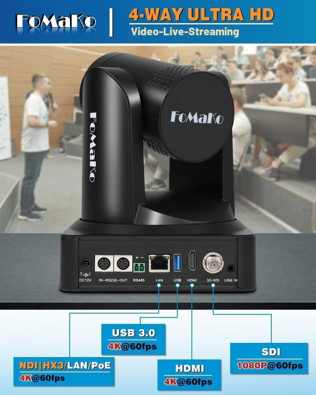 FoMaKo 4K 60FPS NDI HX3 PTZ Kamera, KI-Auto-Tracking, 20x Optischer Zoom NDI-Ausgang 4K@60, mit HDMI