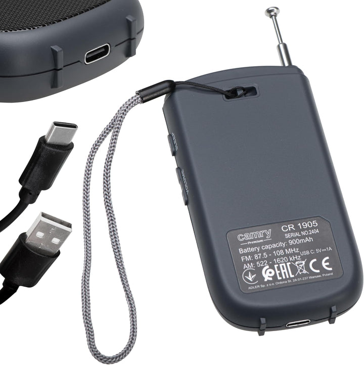 Camry CR 1905 Tragbares Digitalradio, LCD-Display, FM/Am, Akku 900 mAh, USB-C, Teleskopantenne, Schw