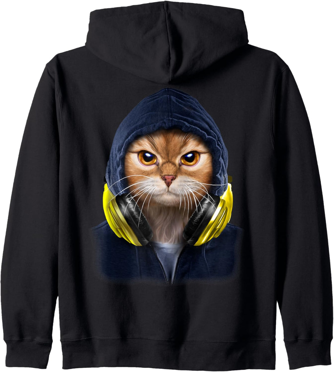 Orange Katze in einem dunklen Kapuzenpulli und Kopfhörern Kapuzenjacke