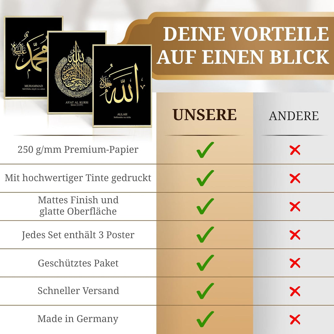 HAVA Artwork Islamisches Goldfolien Poster Set Schwarz, Islamische Poster, Islamische Bilder, Islami