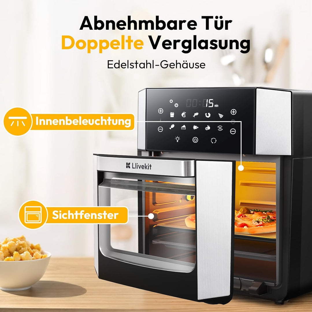 LLIVEKIT 15L Heissluftfritteuse, Heissluft-Backofen 90% weniger Öl, Air Fryer XXL 1800W, 10 in 1 Min