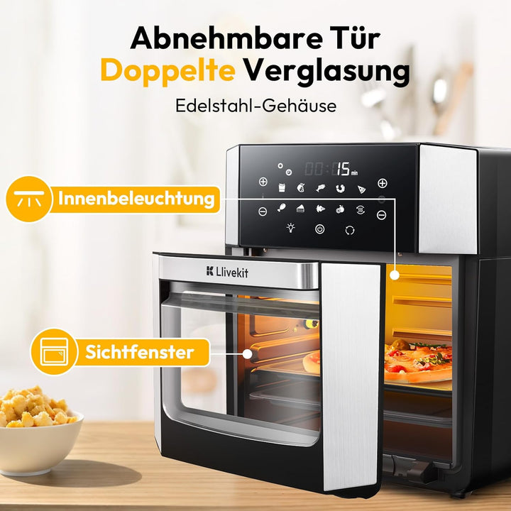 LLIVEKIT 15L Heissluftfritteuse, Heissluft-Backofen 90% weniger Öl, Air Fryer XXL 1800W, 10 in 1 Min