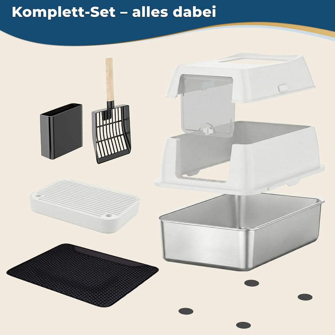 Katzenklo Edelstahl mit Deckel XXL – Geschlossene Katzentoilette mit 2 Eingängen, Trittstufe, Schauf