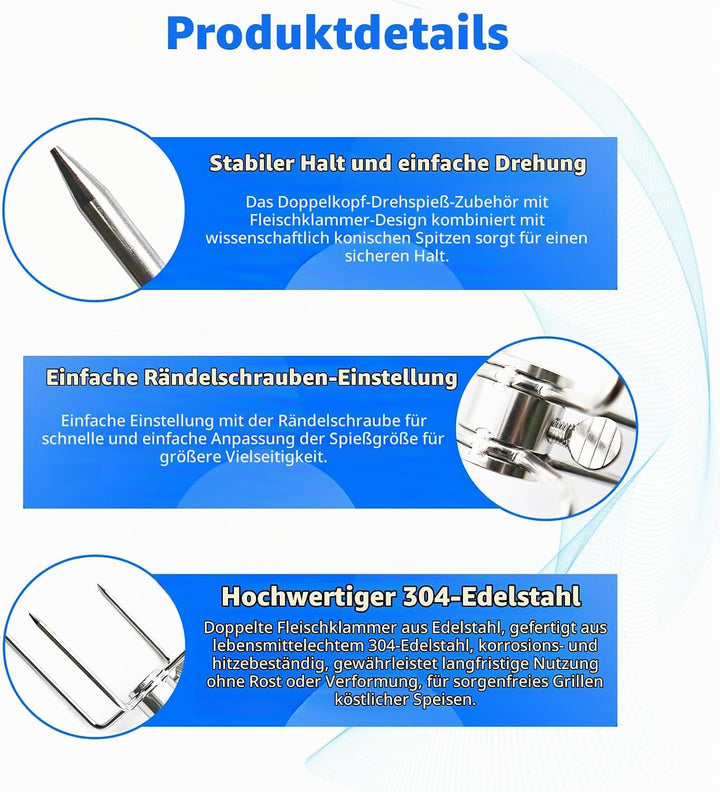 Fleischklammer für Drehspiess 18.5 x 10.5cm Fleischnadel mit Feststellschraube Edelstahl Fleischklam