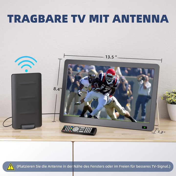 DESOBRY Fernseher 14,2 Zoll Kleiner Fernseher 1080P, Mobiler TV mit DVB-T2 Tuner, USB HDMI AV-Eingan