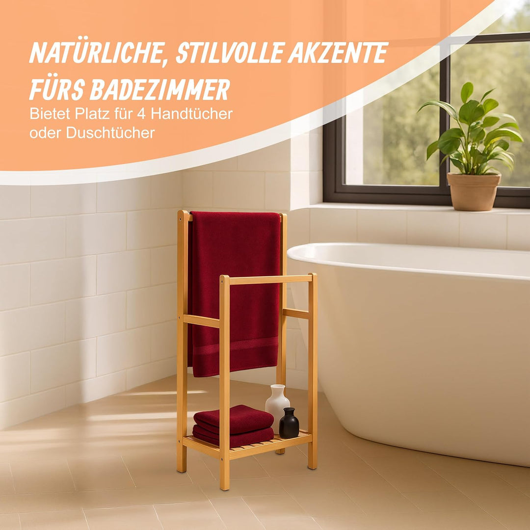 Relaxdays Handtuchständer Bambus, 2 Stangen, mit Ablage, HBT: 77,5 x 42 x 24 cm, freistehend, Duscht