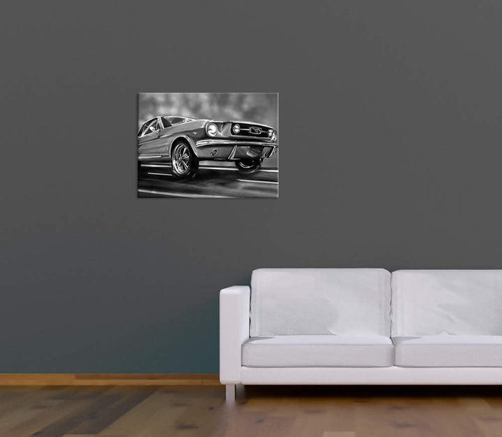 Bilderdepot24 Bild auf Leinwand | Mustang Graphic - schwarz weiss I in 80x60 cm als Wandbild | Wand-